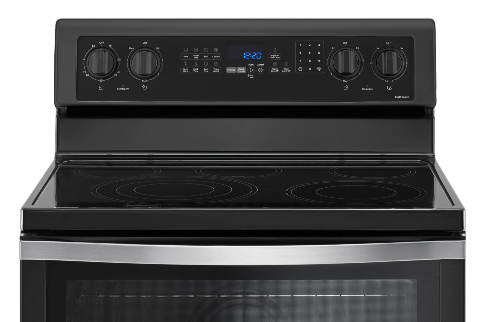 A black stainless Whirlpool Oven. The time of the display reads 12:20