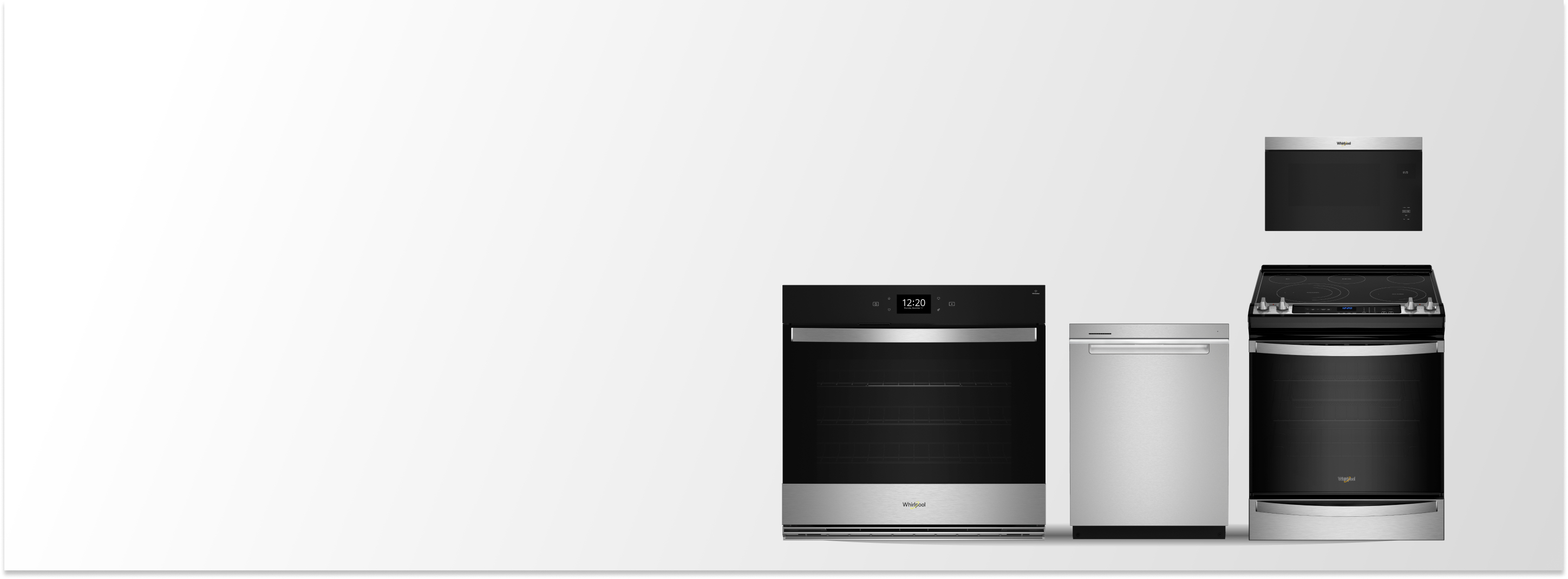 A Whirlpool Stainless Steel Oven, a Whirlpool Stainless Steel Dishwasher and a Whirlpool Range with an Over-the-Range Microwave