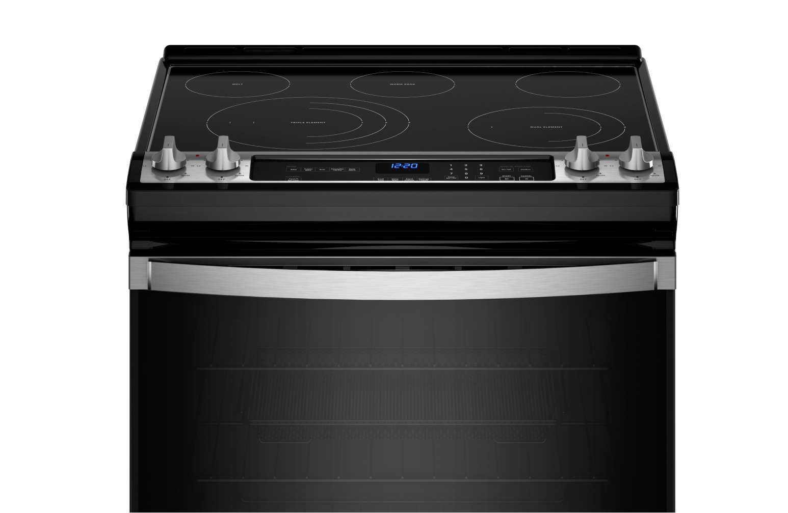 A Whirlpool Stainless Steel Range. The clock displays the time: 12:20