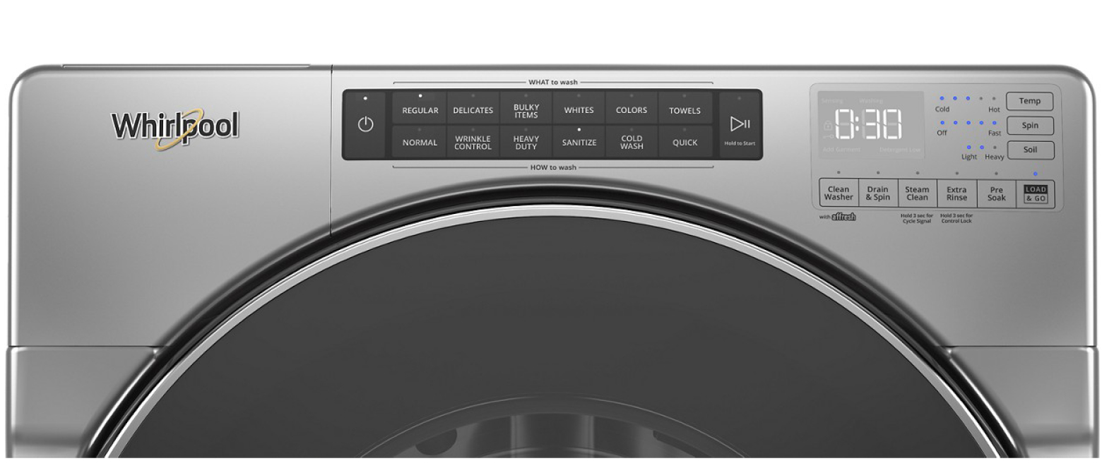 The console of a Whirlpool® washing machine with a sanitize cycle.
