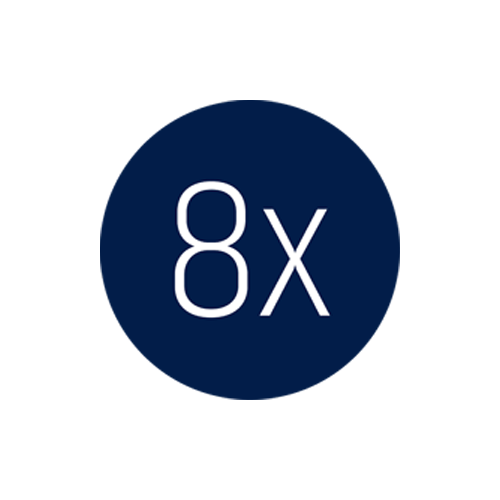 Un cercle bleu avec le symbole « 8x », signifiant que Swash est huit fois plus concentré, permettant d'utiliser moins de détergent.