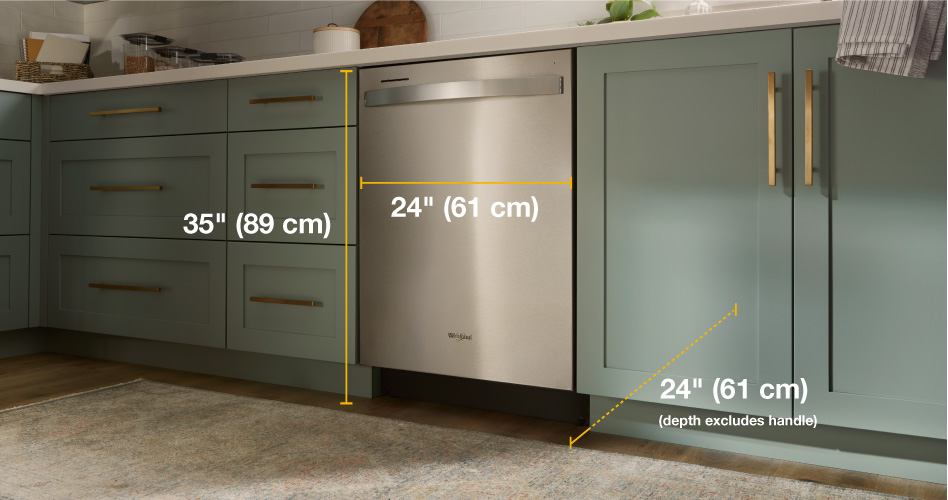 A closed Whirlpool Dishwasher with a towel bar. It's surrounded by cabinets. The dishwasher shows the dimensions of 35" (height) x 24" (length) x 24" (depth).
