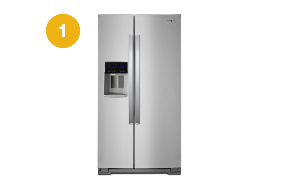 Whirlpool Combination Microwave A stainless steel side-by-side Whirlpool refrigerator featuring a water and ice dispenser