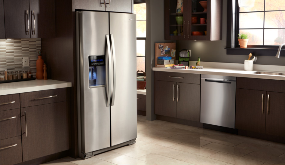 Whirlpool Combination Microwave A modern kitchen featuring a Whirlpool stainless steel side-by-side refrigerator and dishwasher