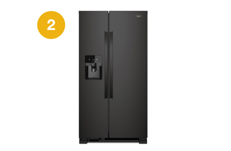 Whirlpool Combination Microwave A side-by-side Whirlpool refrigerator featuring a water and ice dispenser