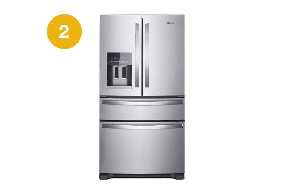 Whirlpool Combination Microwave A stainless steel french door Whirlpool refrigerator featuring a water dispenser