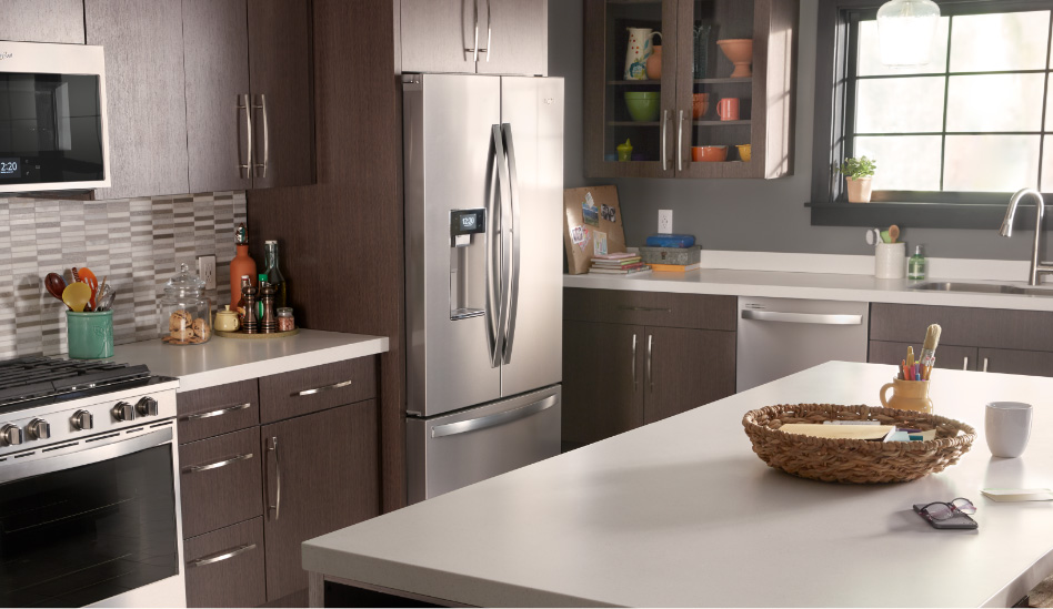 Whirlpool Combination Microwave A rustic kitchen featuring stainless steel Whirlpool appliances