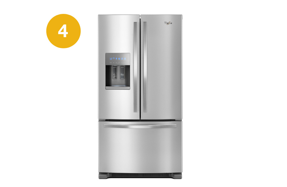 Whirlpool Combination Microwave A stainless steel french door Whirlpool refrigerator featuring an exterior water dispenser