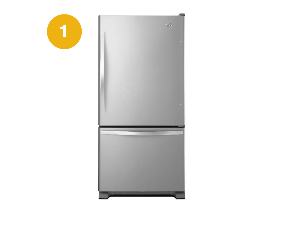 Whirlpool Combination Microwave A stainless steel Whirlpool refrigerator with a bottom freezer drawer
