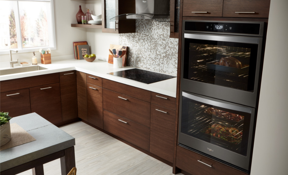 Whirlpool Combination Microwave Food is seen inside of a Whirlpool double oven