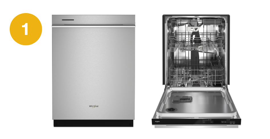 Open and closed images of a stainless steel Whirlpool dishwasher. The number one appears to the left.