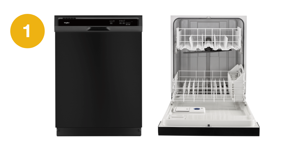 A black Whirlpool dishwasher appearing opened and closed. There is a number one to the left of this image.