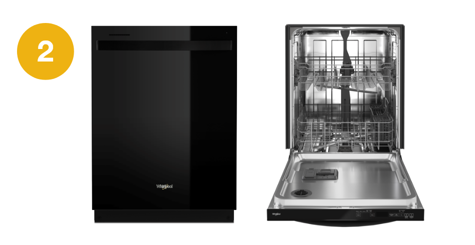 An image featuring an opened and closed black Whirlpool dishwasher. There is a number two to the left.