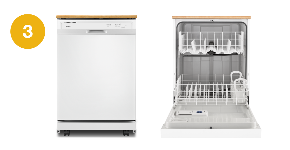 Open and closed images of a Whirlpool dishwasher in white with the number three to the left.