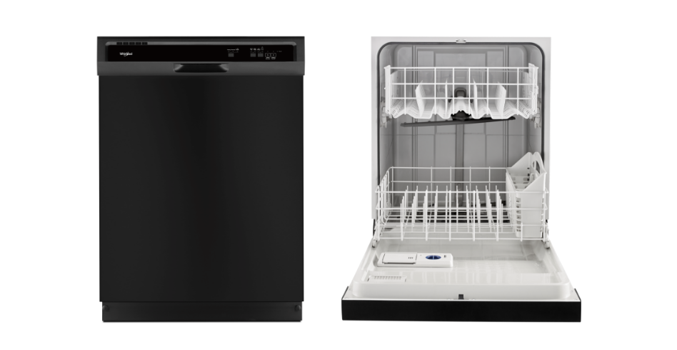 Open and closed images of a Whirlpool dishwasher in Black.