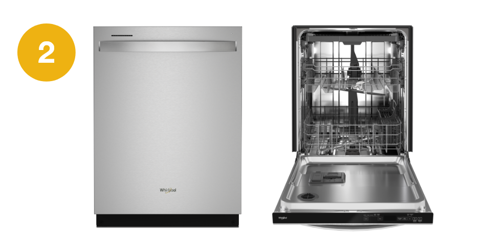 Open and closed images of a Whirlpool dishwasher. The number two appears to the left.