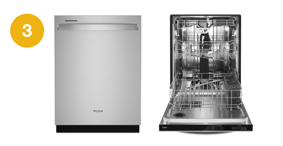 Open and closed images of a stainless steel Whirlpool dishwasher. There is a number three to the left.