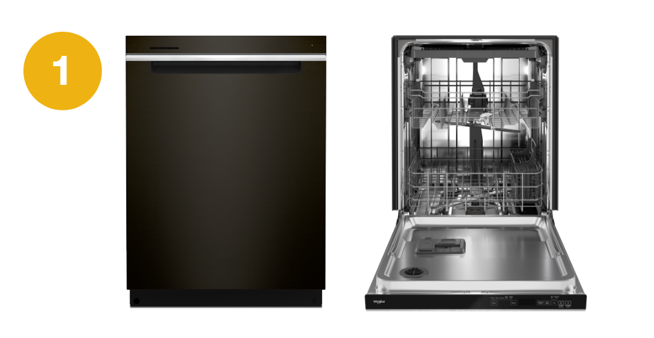 Open and closed images of a dishwasher in black with a number one to the left.