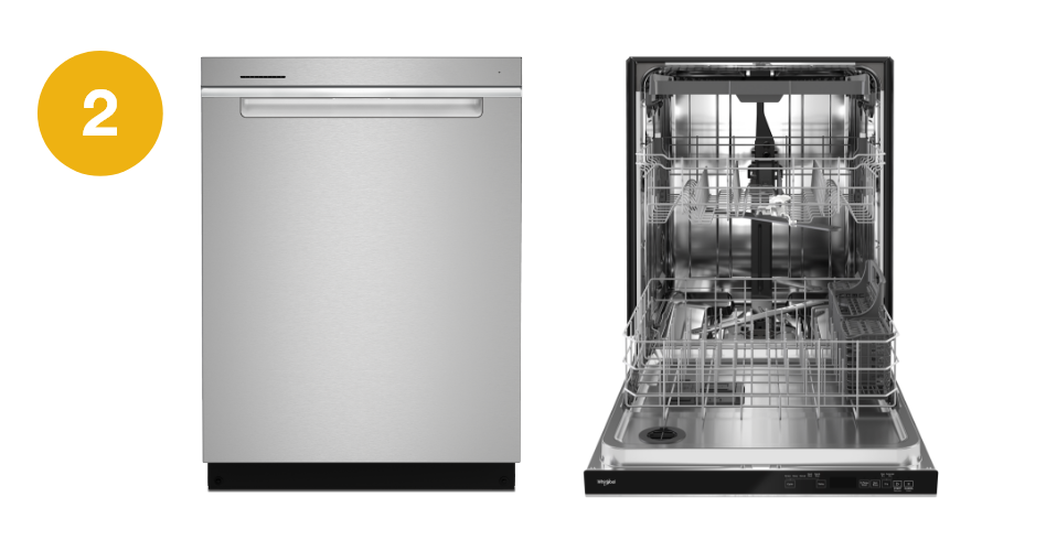 Open and closed images of a stainless steel dishwasher with a number two to the left.