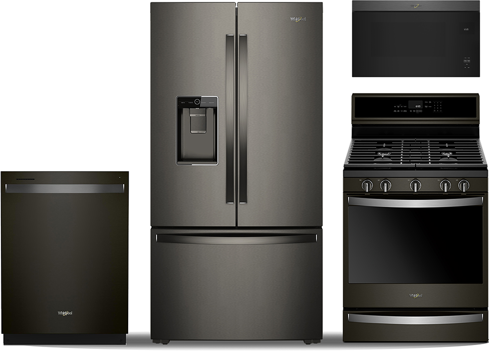 Three Whirlpool appliances: a dishwasher, refrigerator and range with an over-the-range microwave