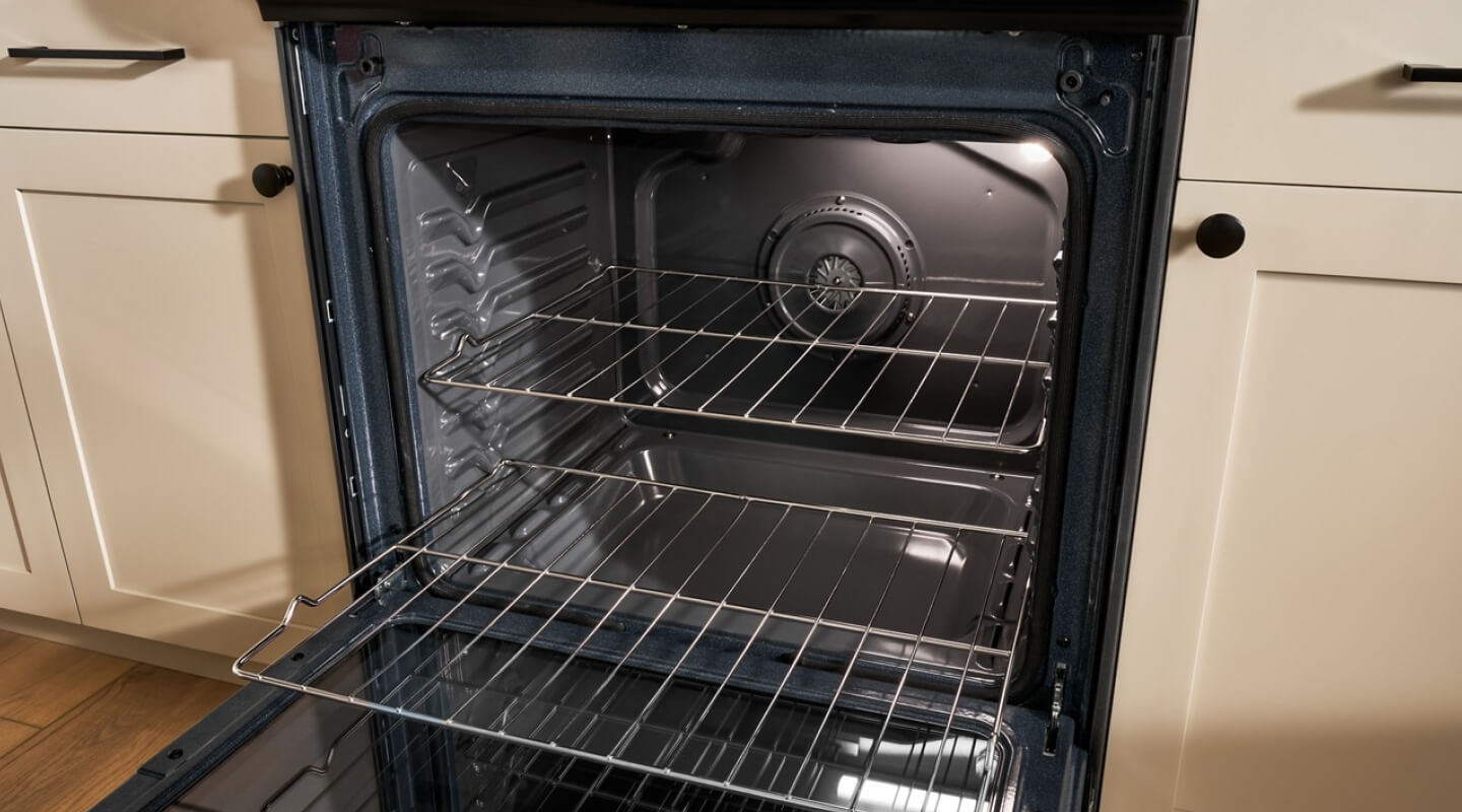 An opened oven with the racks displayed