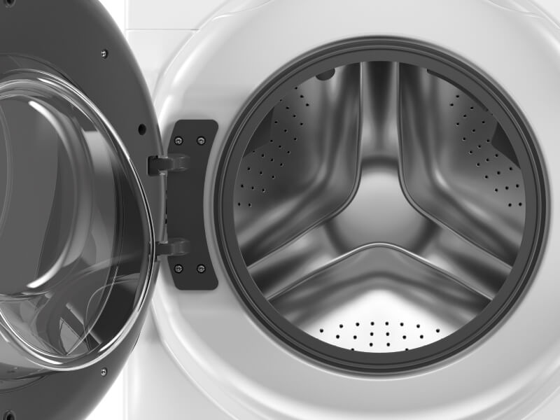 An empty, open, front-load washing machine