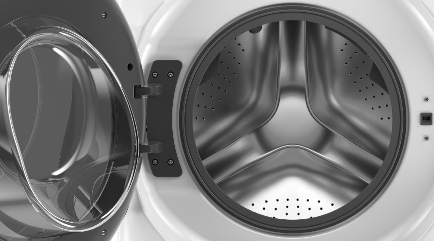 An empty, open, front-load washing machine