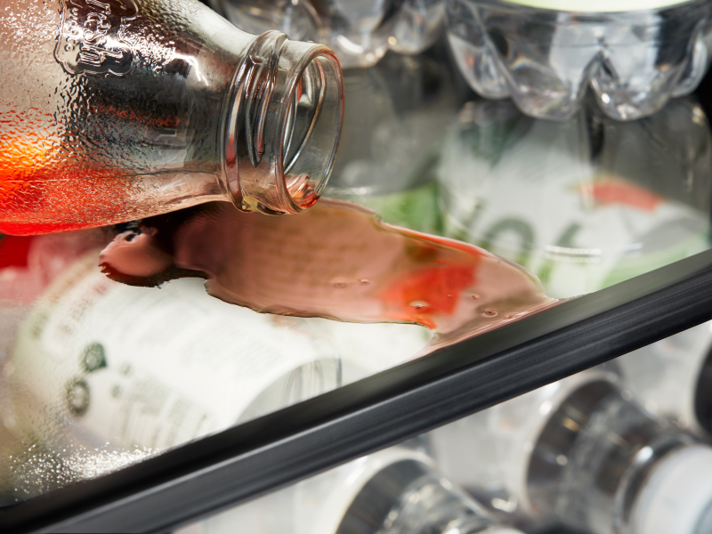Liquid spilled on the shelf of a fridge Liquid spilled on the shelf of a fridge