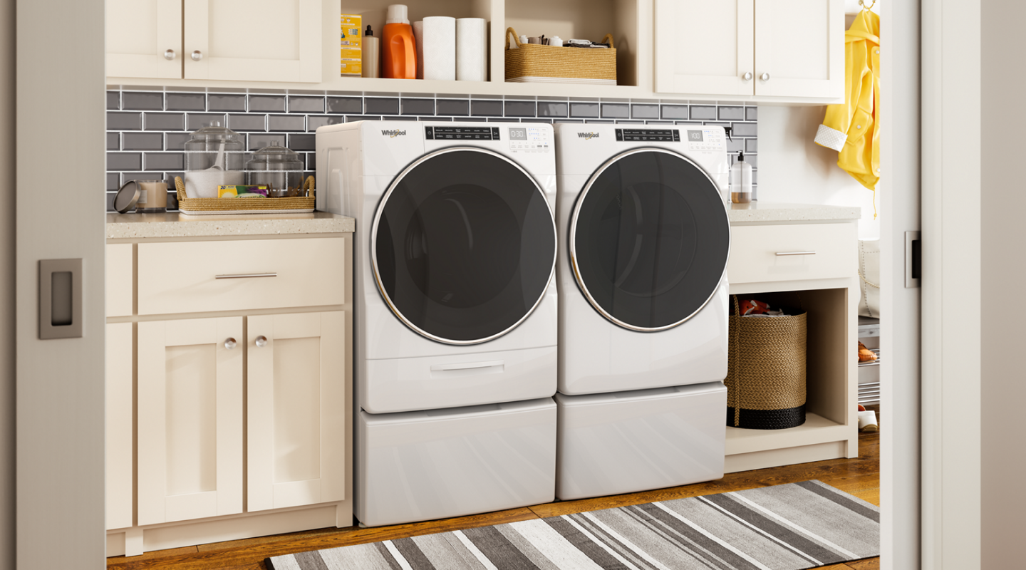 Whirlpool®  5.8 cu. ft. I.E.C. Smart Front Load ENERGY STAR® Certified Washer with FreshFlow™ Vent System and AI Intelligent Wash and 7.4 cu. ft. Smart Front Load ENERGY STAR® Electric Dryer with Steam Capabilities