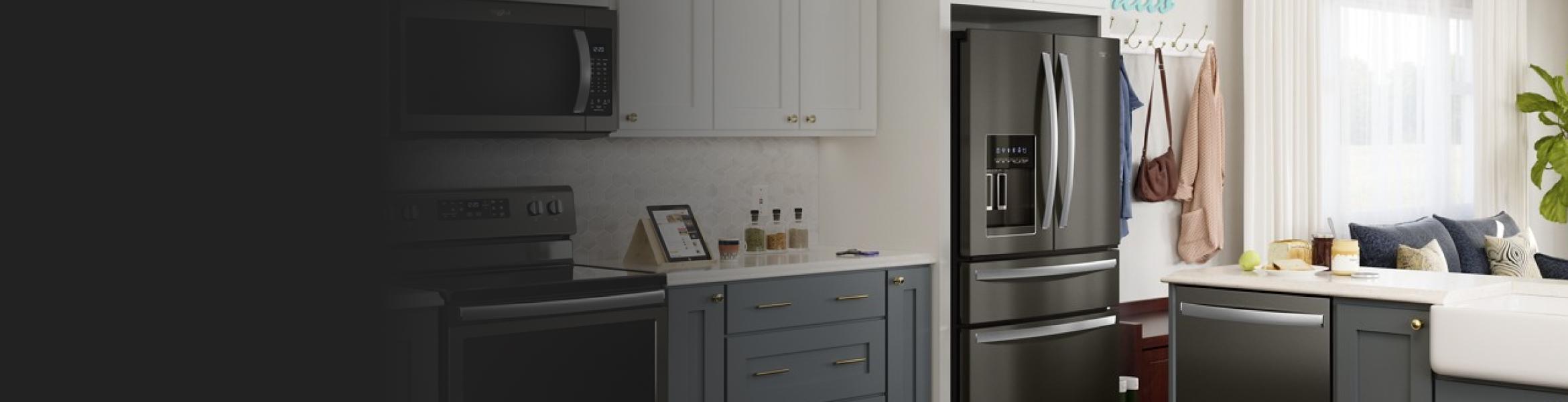 French door refrigerator in kitchen with blue cabinets