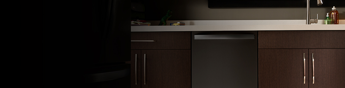 A dishwasher sits in a kitchen