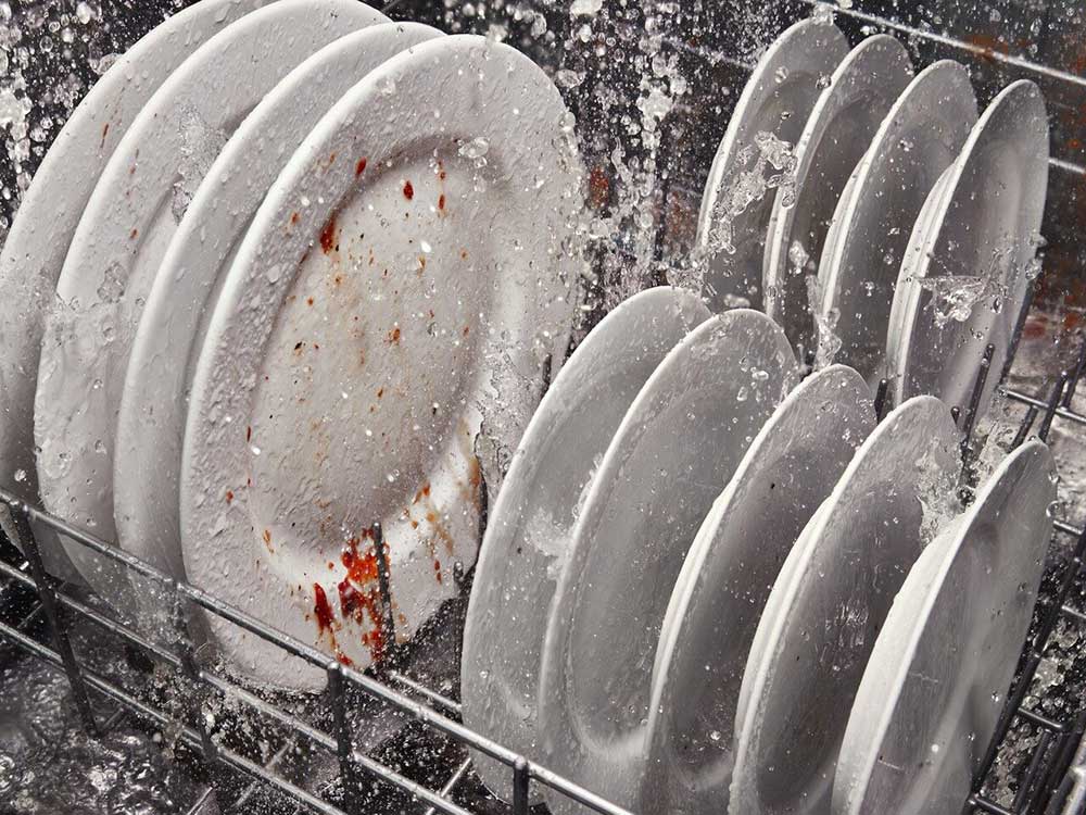 Dishes being cleaned during a dishwasher cycle.