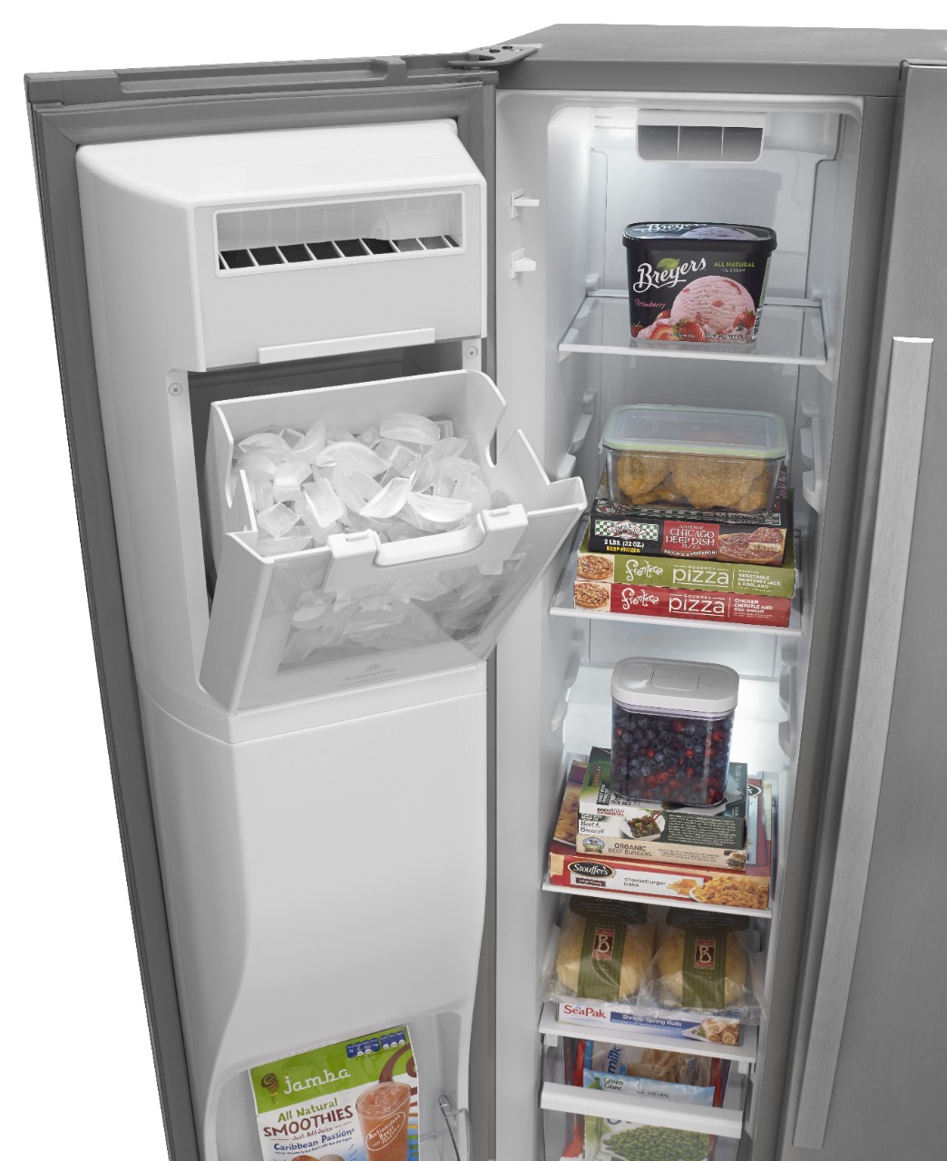 A freezer with an open door displaying food and ice.