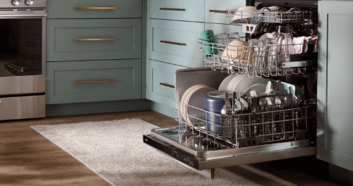Whirlpool dishwasher loaded with items