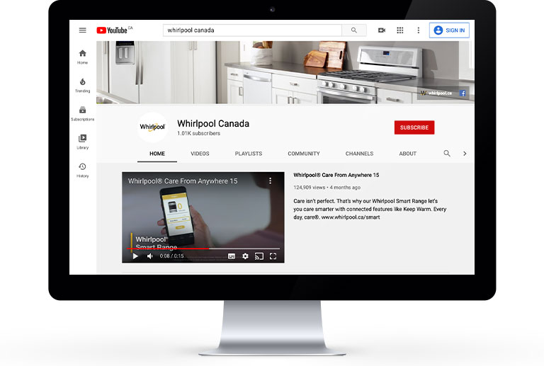 Monitor showing the Whirlpool Canada YouTube Channel	