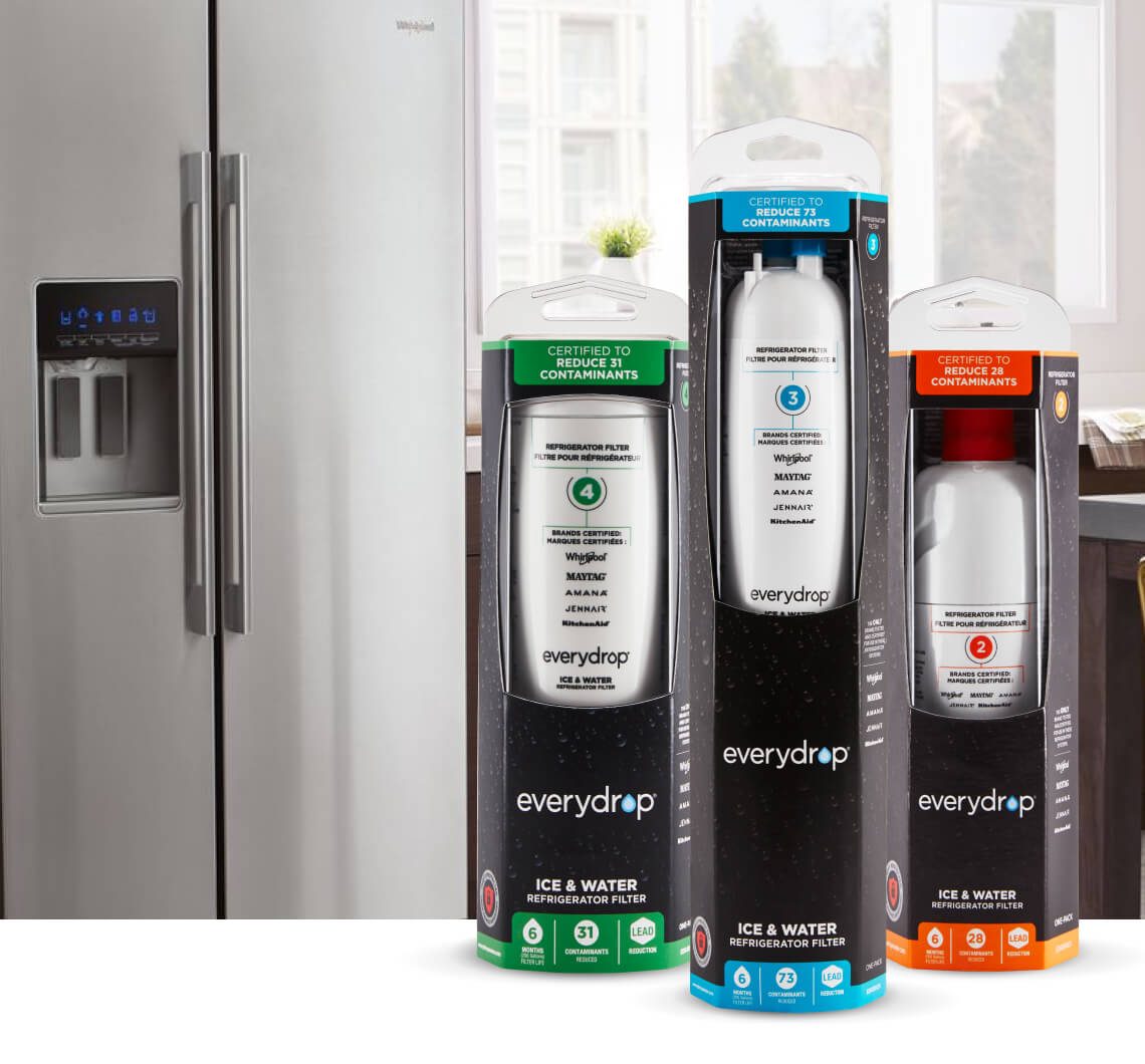 Trois filtres everydrop® alignés contre un dosseret de cuisine