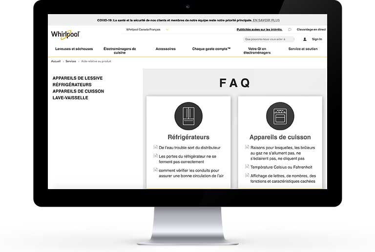 Écran montrant la page d’aide relative au produit	