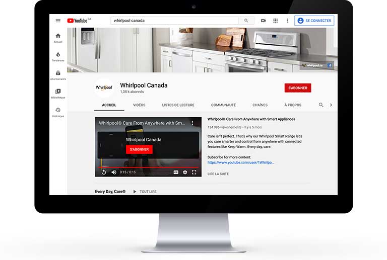 Écran montrant la chaîne YouTube de Whirlpool Canada	
