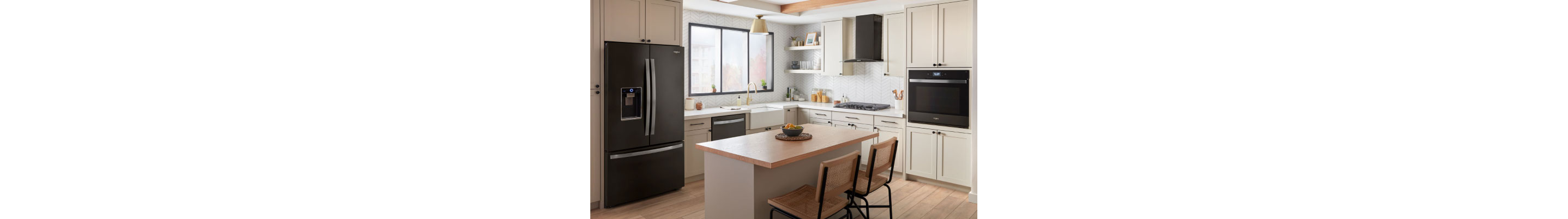 A kitchen with a Whirlpool Cooktop and Whirlpool Black Stainless Steel Double Wall Oven. On the counters are a kitchen utensil holder, bottle of oil and cutting board