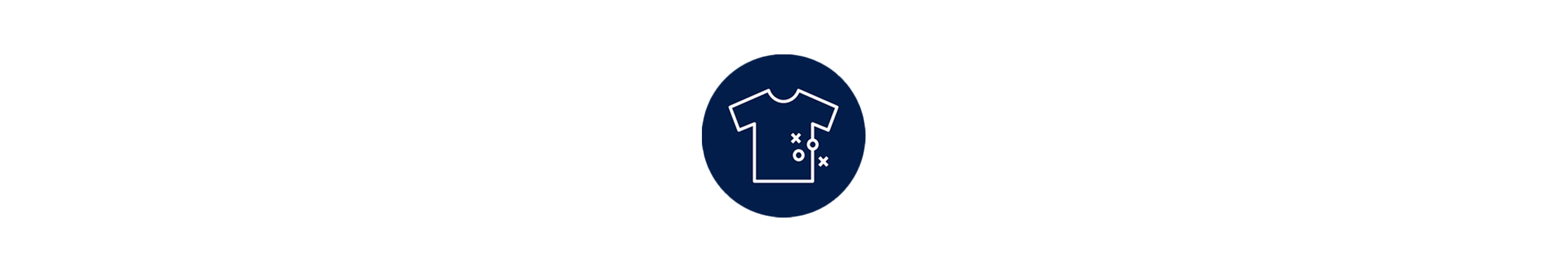A blue circle with a t-shirt icon and two small white circles and two small Xs. Refers to the stain-fighting technology of Swash. 