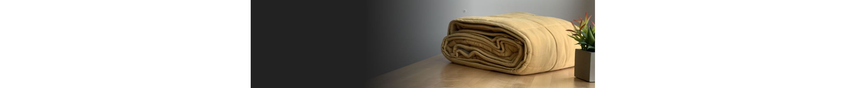 A folded blanket sits on a counter