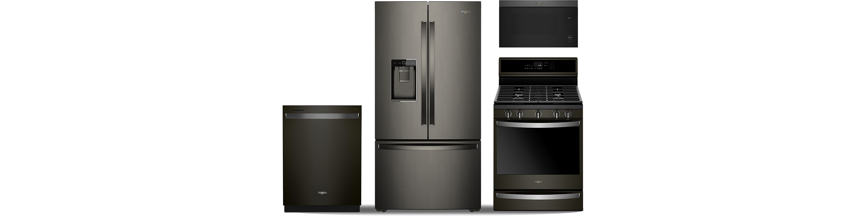 Three Whirlpool appliances: a dishwasher, refrigerator and range with an over-the-range microwave