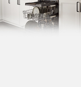 Open Whirlpool® 3rd Rack Dishwasher loaded with dishes