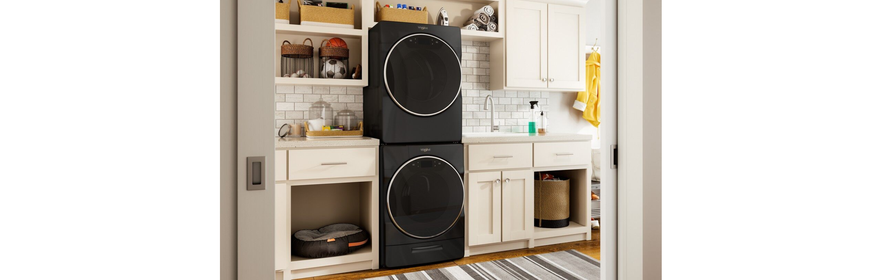 Black Whirlpool® stackable washer and dryer