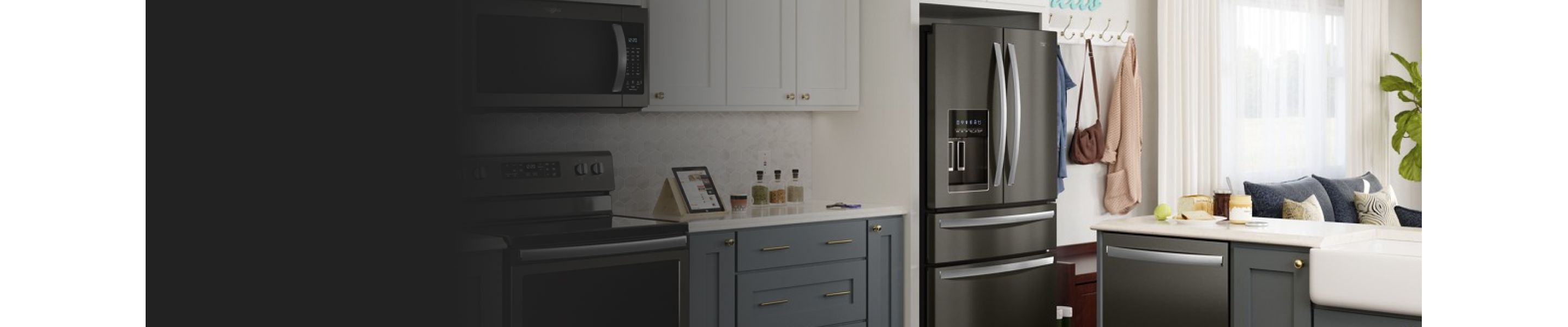 French door refrigerator in kitchen with blue cabinets